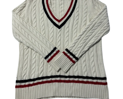 Lauren Ralph Lauren Cream Cable Knit Varsity V-Neck Sweater