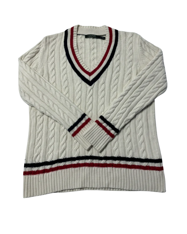Lauren Ralph Lauren Cream Cable Knit Varsity V-Neck Sweater