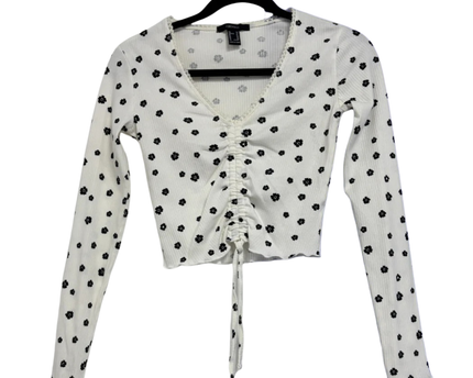 Forever 21 White Floral Ribbed Ruched Crop Top