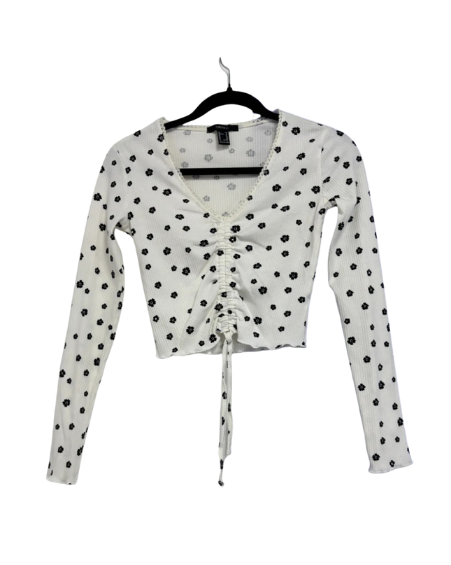 Forever 21 White Floral Ribbed Ruched Crop Top