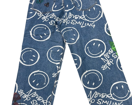 H&M x Smiley Blue All-Over Print Wide-Leg Graphic Jeans
