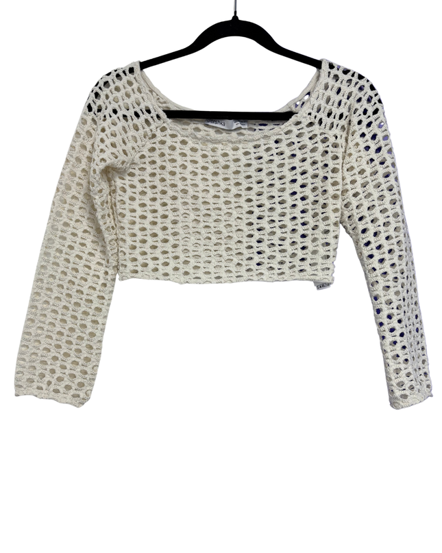 Bershka Cream Crochet Long Sleeve Crop Top