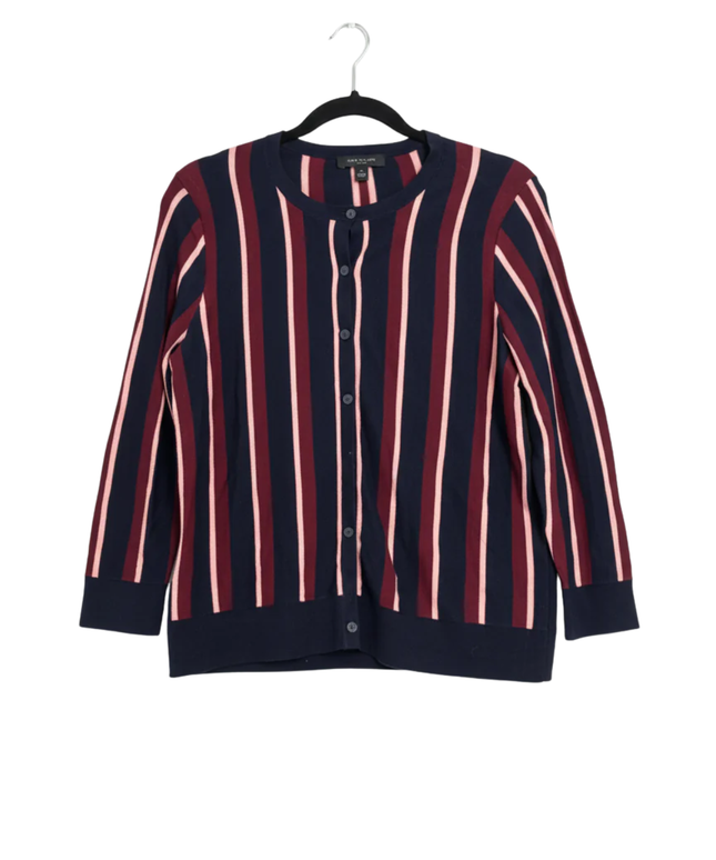 Ann Taylor Navy Blue, Burgundy, and Pink Striped Petite Cardigan