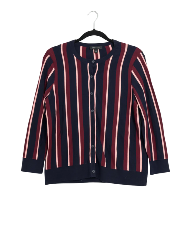 Ann Taylor Navy Blue, Burgundy, and Pink Striped Petite Cardigan