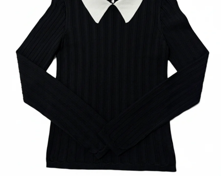 Sandro Black Ribbed Knit Sweater with White Contrast Collar