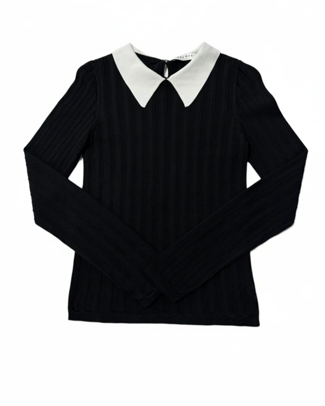 Sandro Black Ribbed Knit Sweater with White Contrast Collar