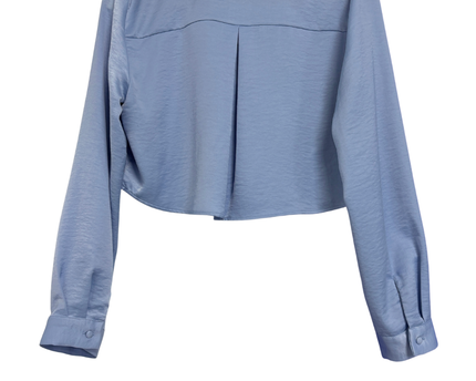 Zara Blue Cropped Satin-Finish Button-Down Blouse