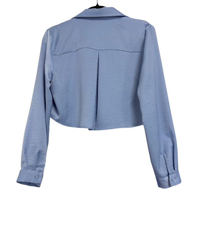 Zara Blue Cropped Satin-Finish Button-Down Blouse