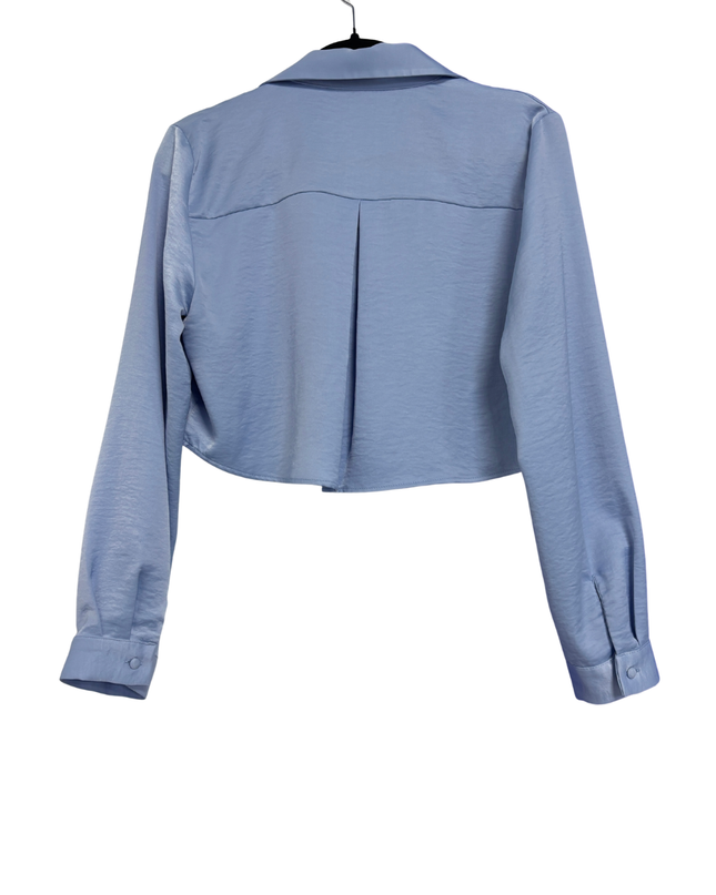 Zara Blue Cropped Satin-Finish Button-Down Blouse