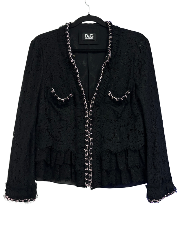 Dolce & Gabbana Black Floral Lace Ruffle Jacket