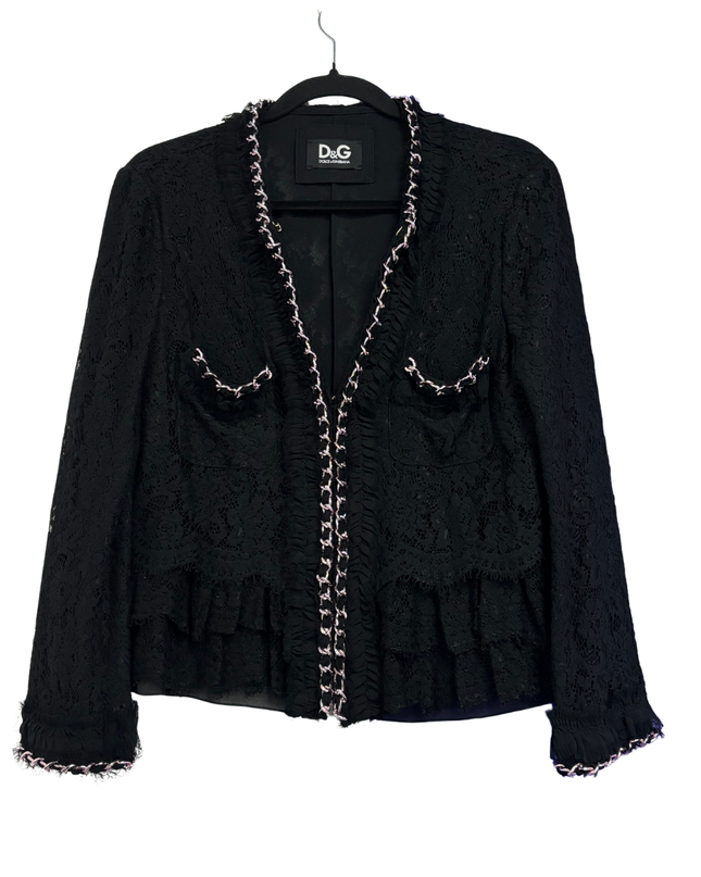 Dolce & Gabbana Black Floral Lace Ruffle Jacket
