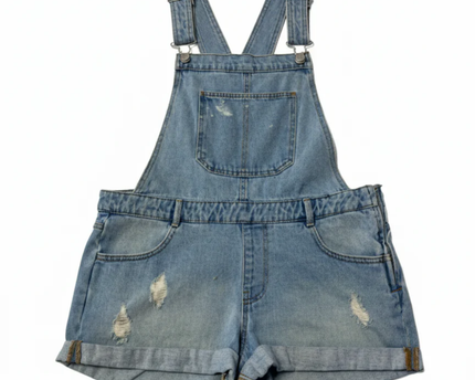 Pull & Bear Blue Distressed Denim Overall Shorts