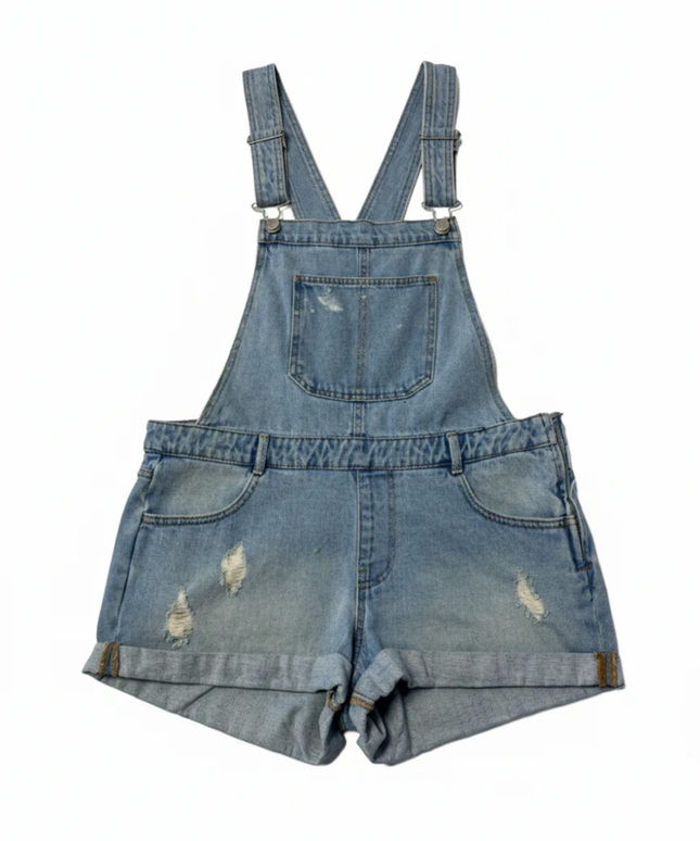 Pull & Bear Blue Distressed Denim Overall Shorts