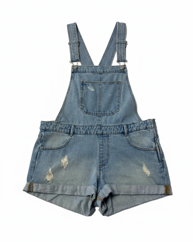 Pull & Bear Blue Distressed Denim Overall Shorts