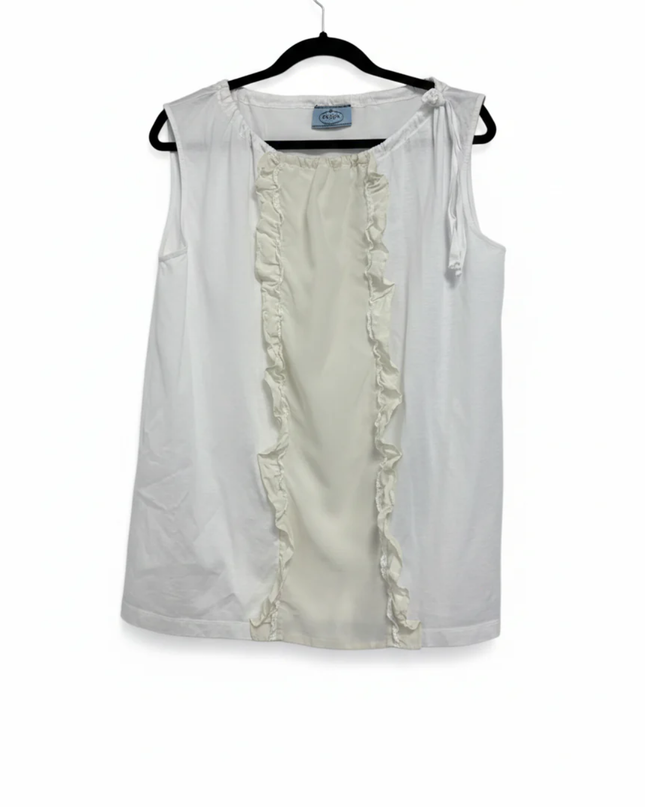 Prada White Sleeveless Top with Silk Ruffle Front