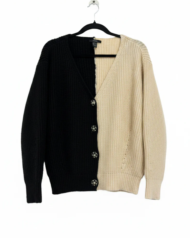 Forever 21 Black and Cream Split Jeweled Button Cardigan