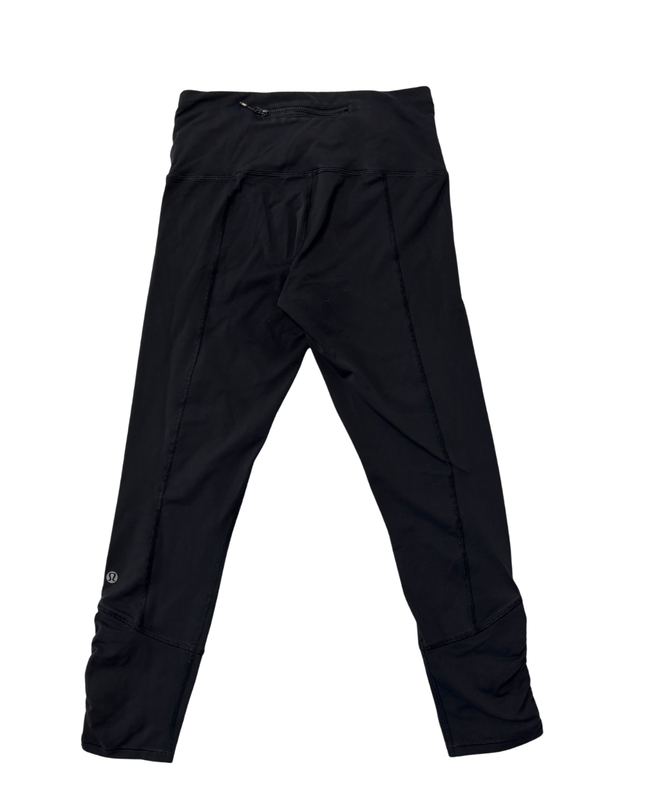 Lululemon Black Activewear Leggings with Floral Waistband and Ruched Zip Detail
