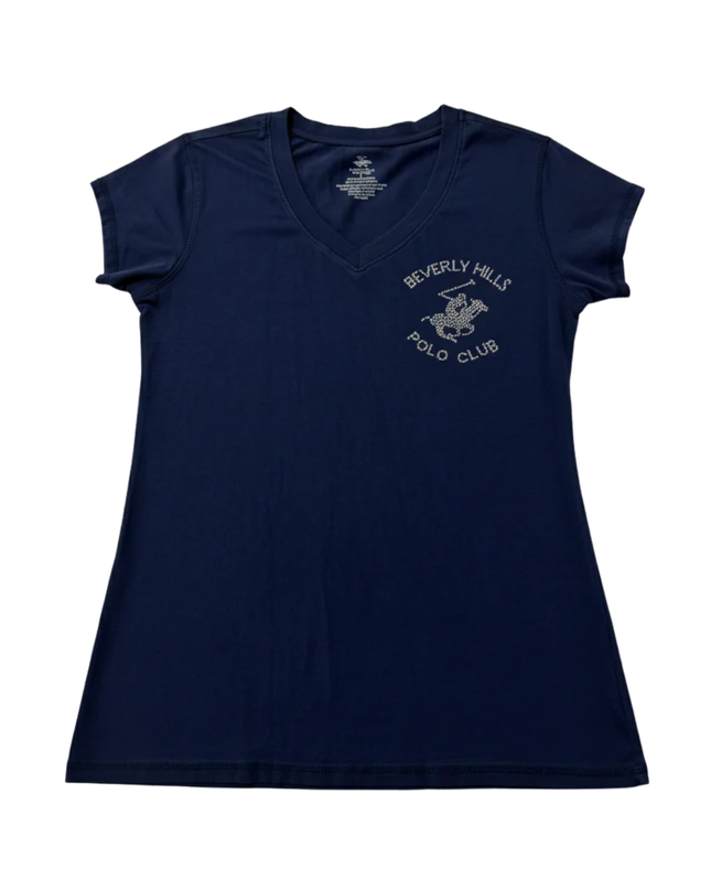 Beverly Hills Polo Club Navy Blue Embellished V-Neck T-Shirt