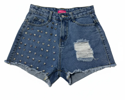 B ICONIC Blue Studded Distressed Denim Shorts