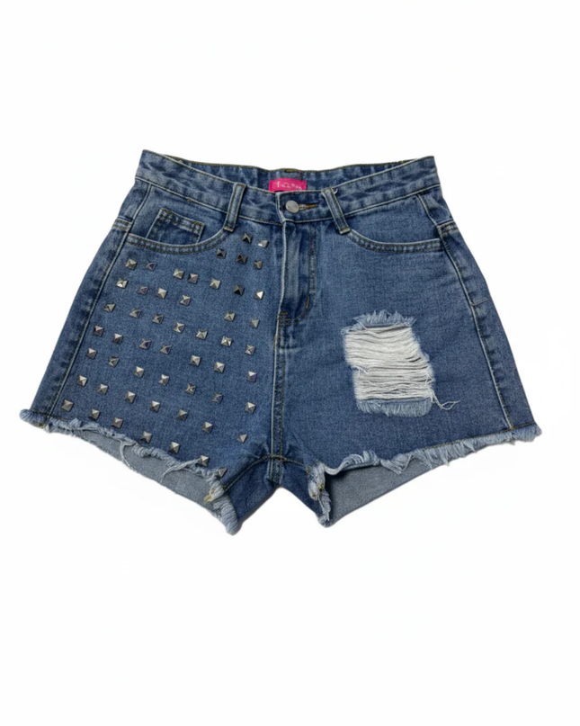 B ICONIC Blue Studded Distressed Denim Shorts