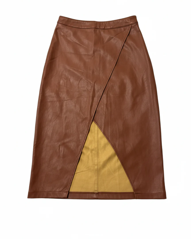 NA-KD Brown Faux Leather Wrap Midi Skirt