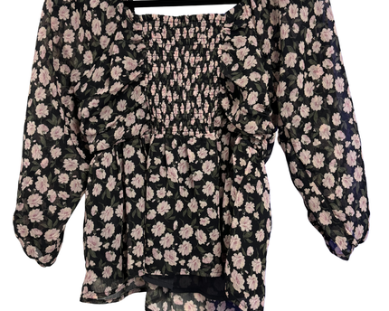 American Eagle Black Floral Ruched Peplum Blouse