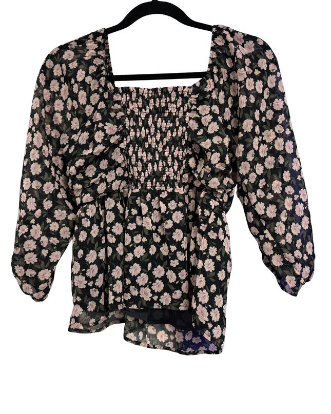 American Eagle Black Floral Ruched Peplum Blouse