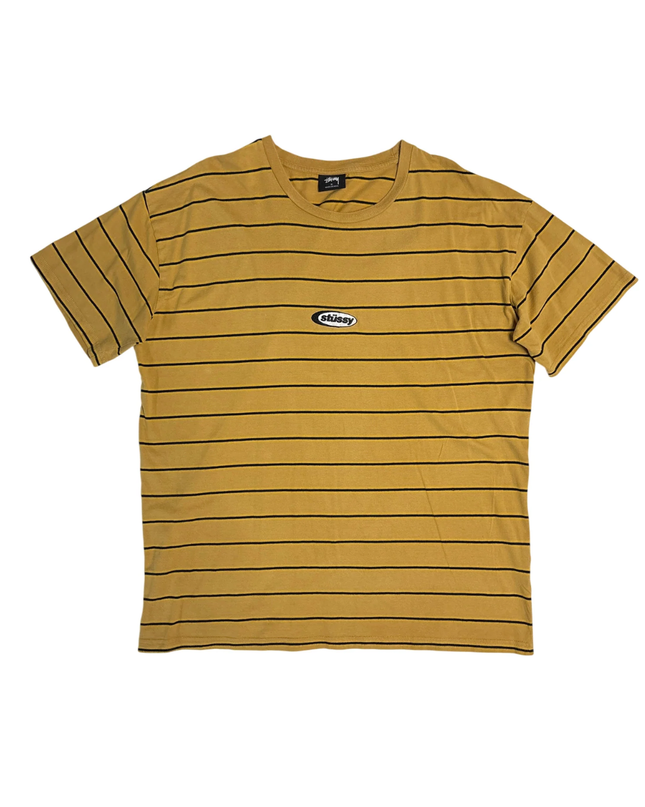Stussy Mustard Yellow Striped Oval Logo T-Shirt