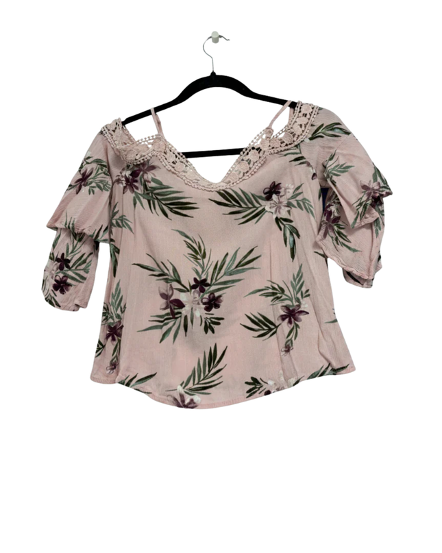 Aéropostale Pink Floral Crochet Cold-Shoulder Blouse