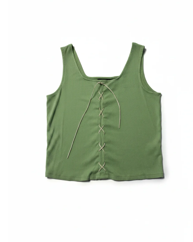ONLY Green Ribbed Lace-Up Front Tank Top