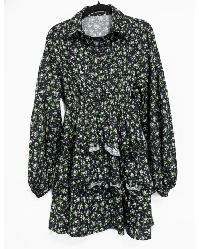 PrettyLittleThing Black Floral Tiered Mini Dress