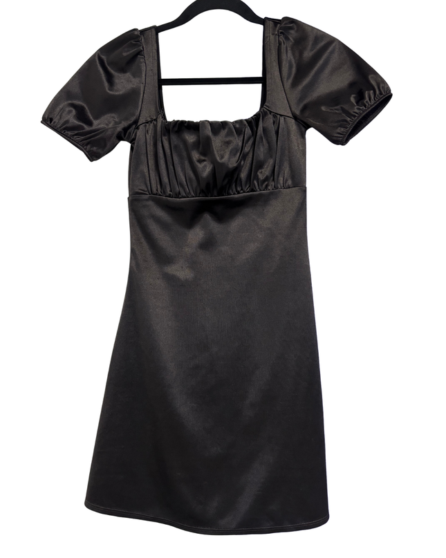 H&M Black Satin Puff Sleeve Mini Dress