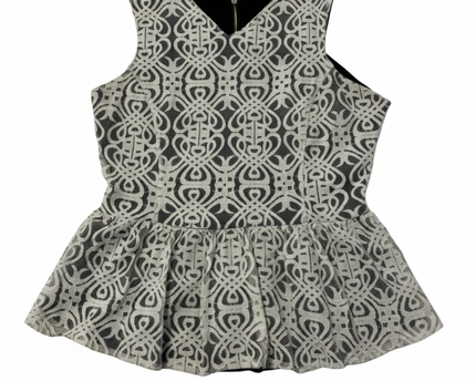 bar III Black/White Geometric Lace Sleeveless Peplum Top
