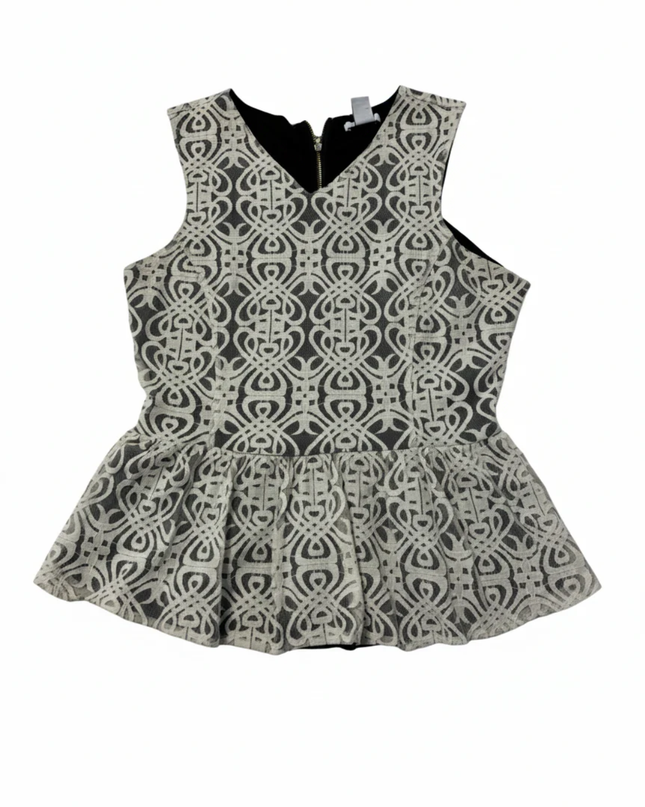 bar III Black/White Geometric Lace Sleeveless Peplum Top