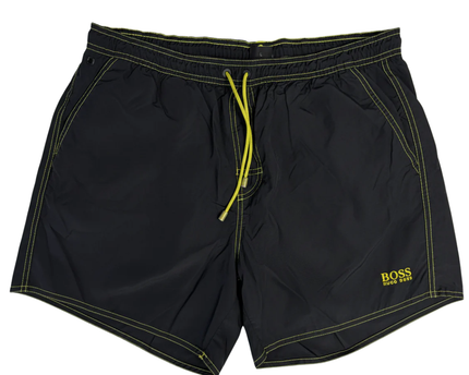 HUGO BOSS Black Board Shorts with Contrast Yellow Stitching