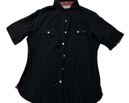 Tommy Hilfiger Black Short Sleeve Button-Down Shirt with Floral Trim