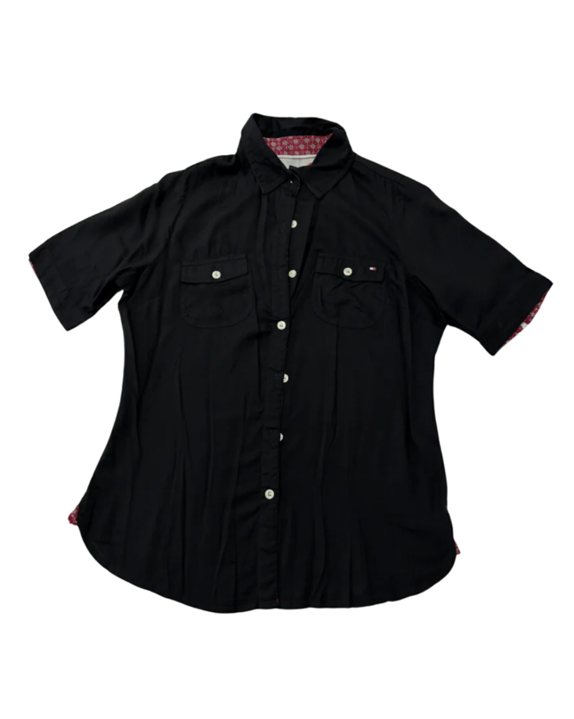 Tommy Hilfiger Black Short Sleeve Button-Down Shirt with Floral Trim