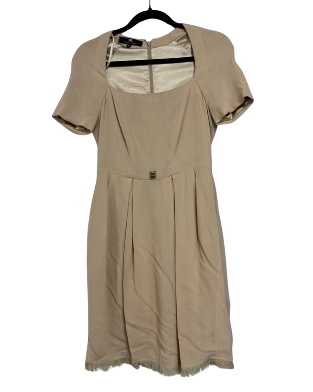 Elisabetta Franchi Beige Virgin Wool Blend Mini Dress with Fringe Hem