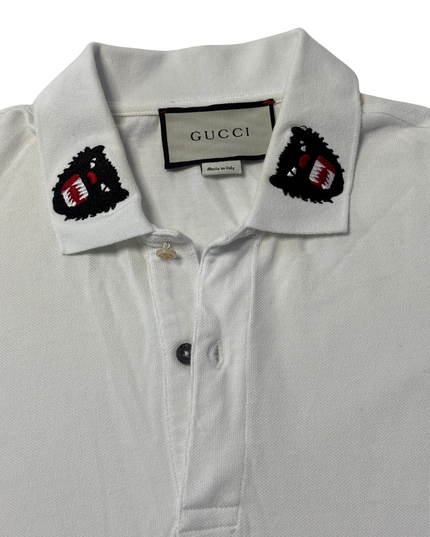 Gucci White Wolf Head Embroidered Polo Shirt