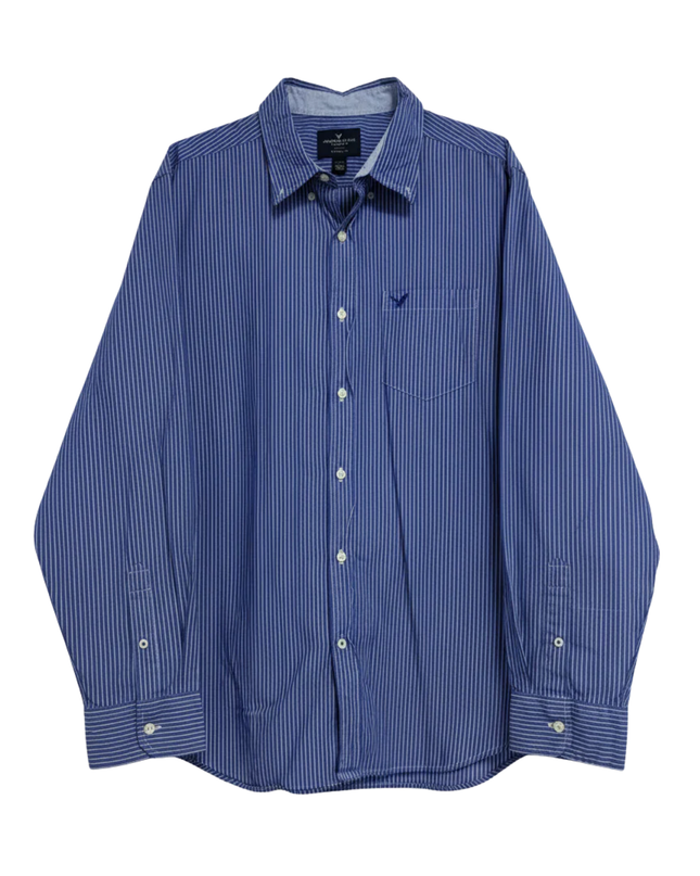 American Eagle Blue and White Striped Button Down Shirt