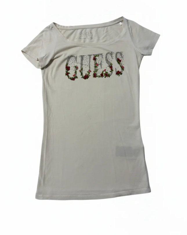 Guess Cream Floral Embellished Graphic Tee