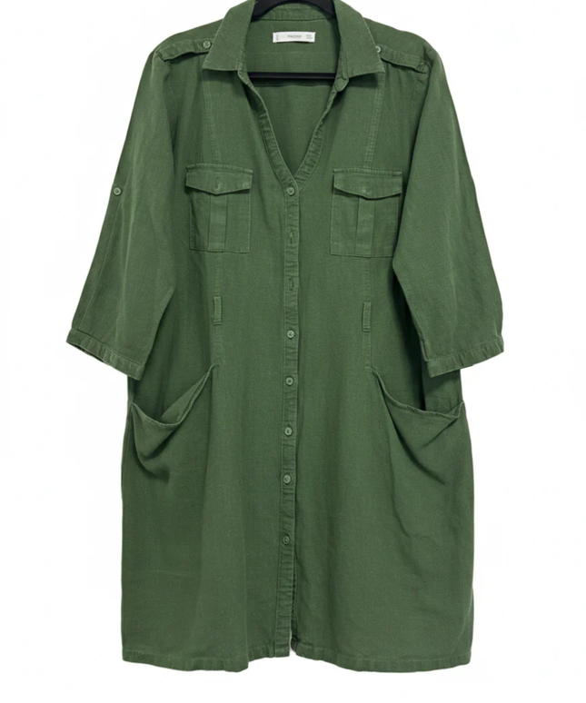 Mango Green Linen Blend Utility Shirt Dress
