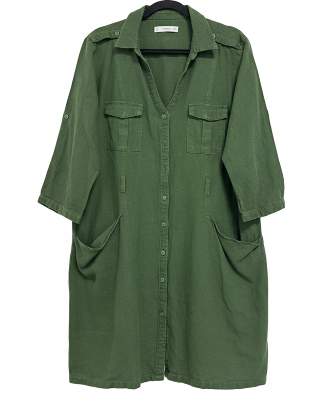 Mango Green Linen Blend Utility Shirt Dress
