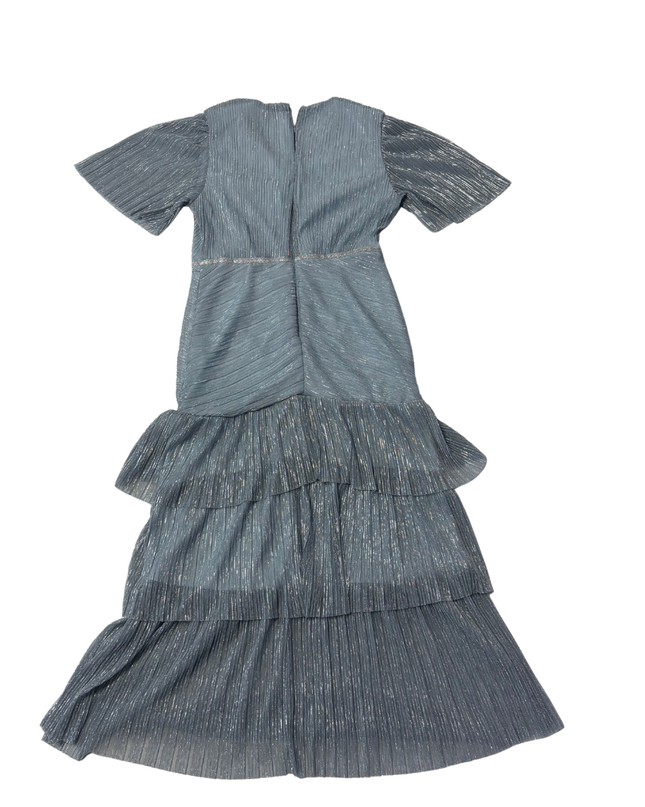 Motf Light Blue Metallic Pleated Tiered Midi Dress