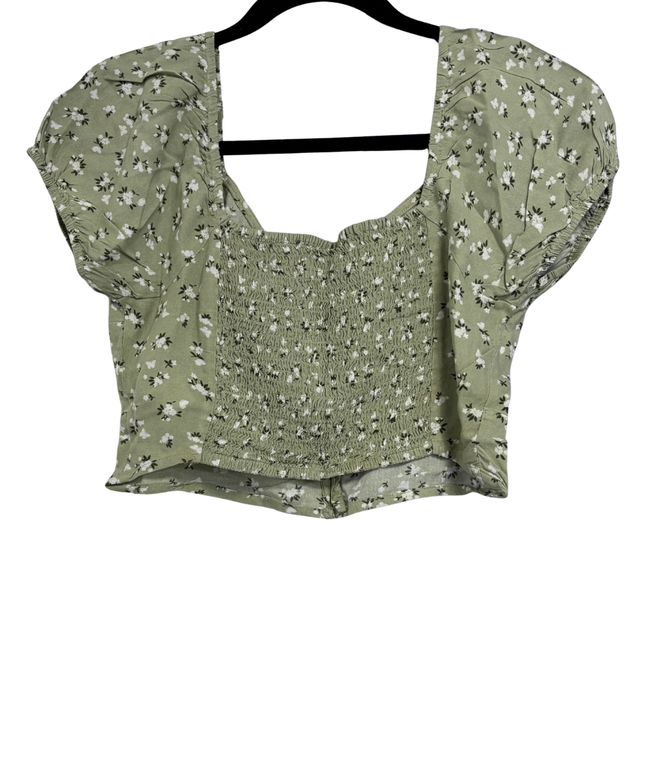Hollister Green Floral Puffed Sleeve Button-Down Crop Top