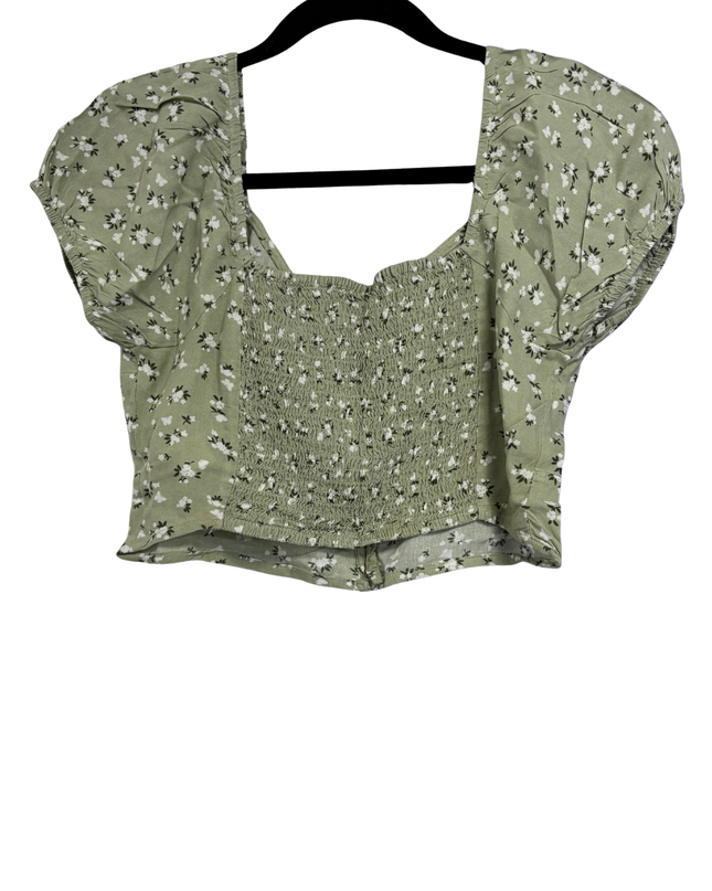 Hollister Green Floral Puffed Sleeve Button-Down Crop Top