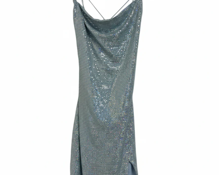City Studio Light Blue Holographic Sequined Cowl Neck Mini Dress