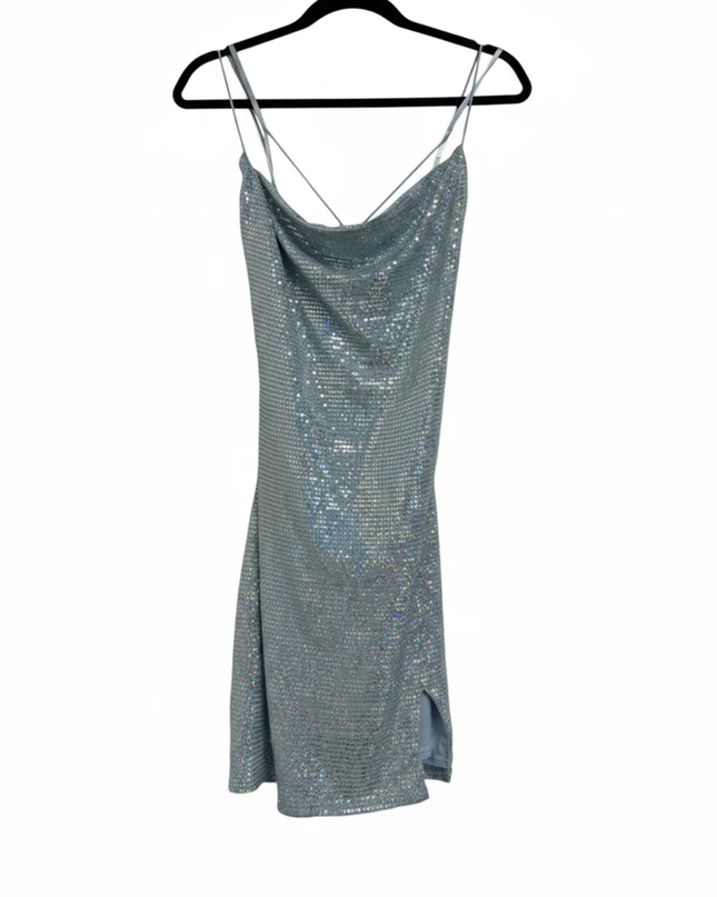 City Studio Light Blue Holographic Sequined Cowl Neck Mini Dress
