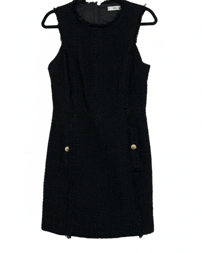 MNG Black Sleeveless Tweed Mini Dress with Frayed Trim