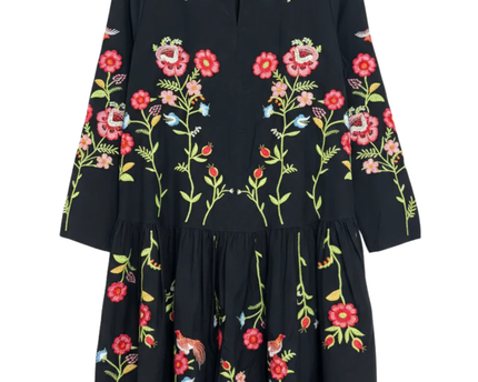 Zara Black Embroidered Floral Bird Tiered Mini Dress